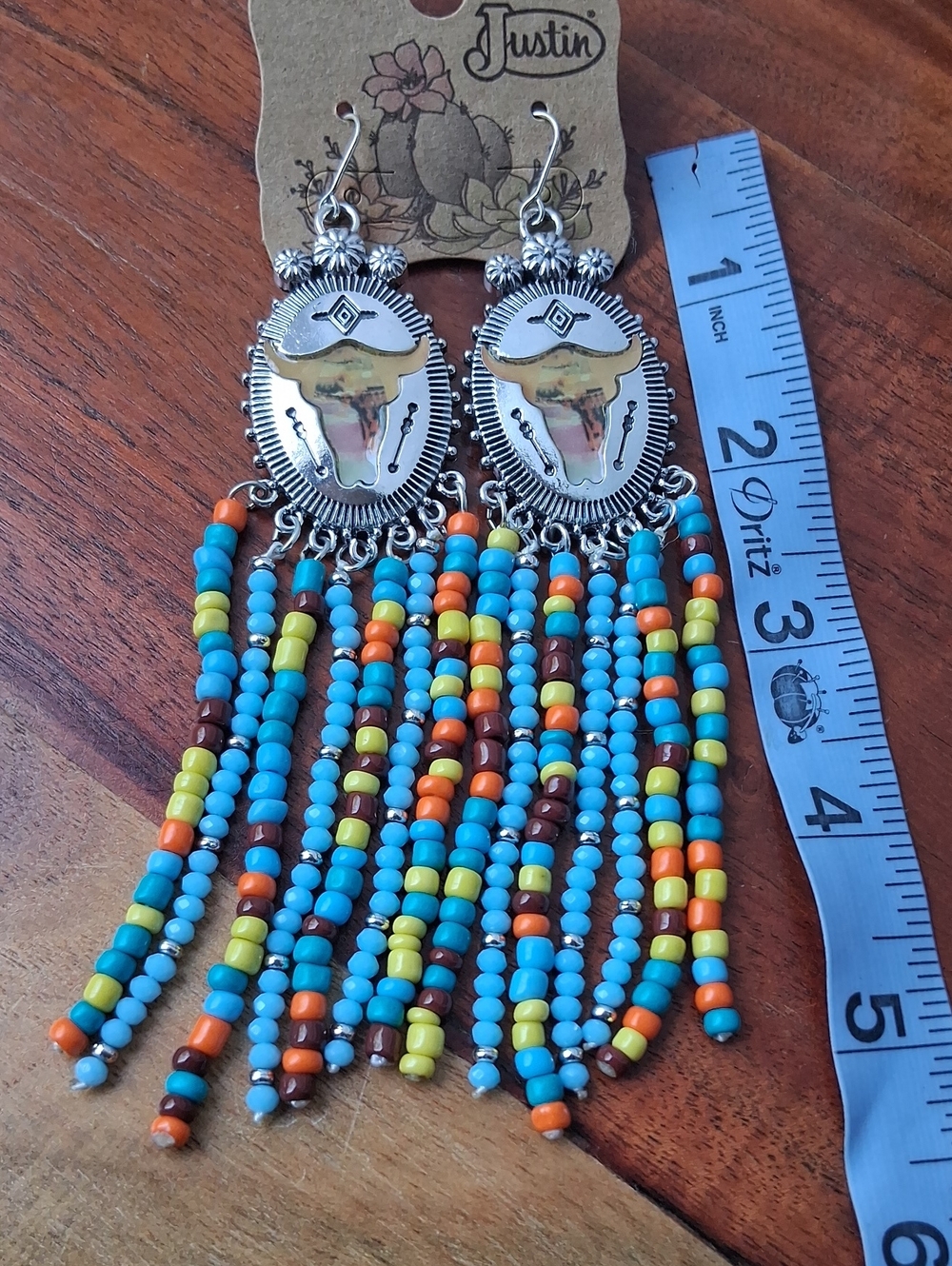 Justin Boots Turquoise, Orange, Yellow & Brown Beaded Long Fringe Earrings - Picture 5 of 6